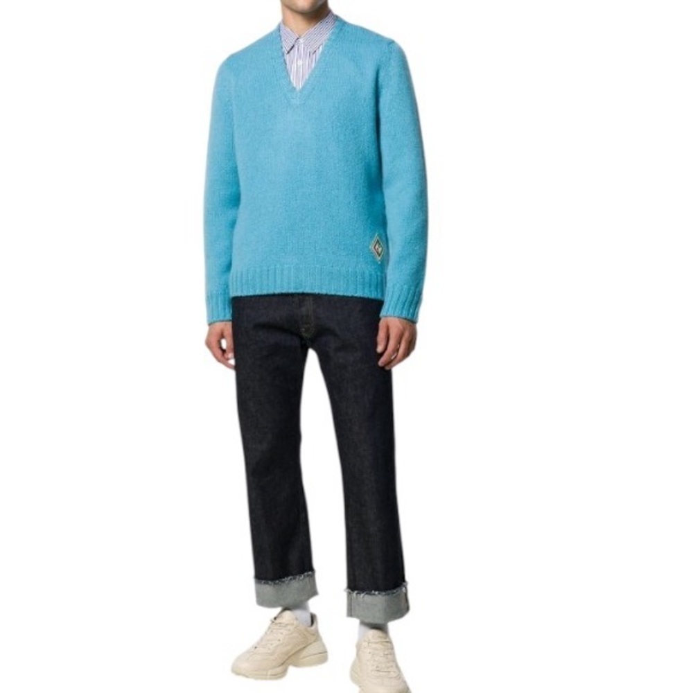 Gucci Blue Logo-Appliquéd Brushed Wool Sweater Sz. XXL​​​​